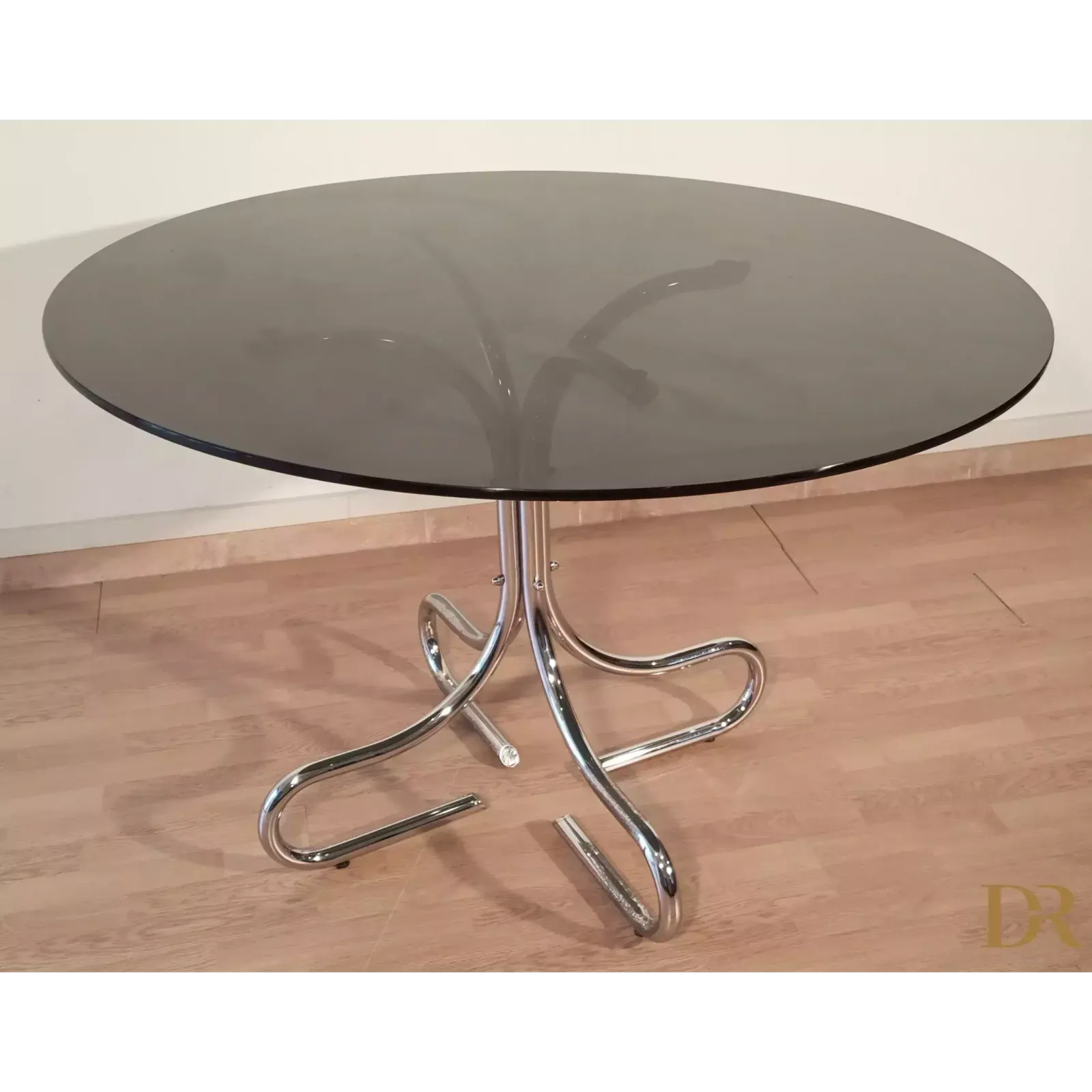 Mid Century Chrome Steel Coffee Table With Round Smoked Glass Top, Italy photo for sale