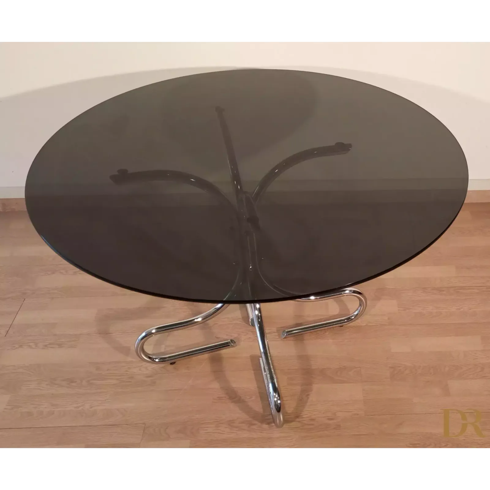 photo furniture Mid Century Chrome Steel Coffee Table With Round Smoked Glass Top, Italy