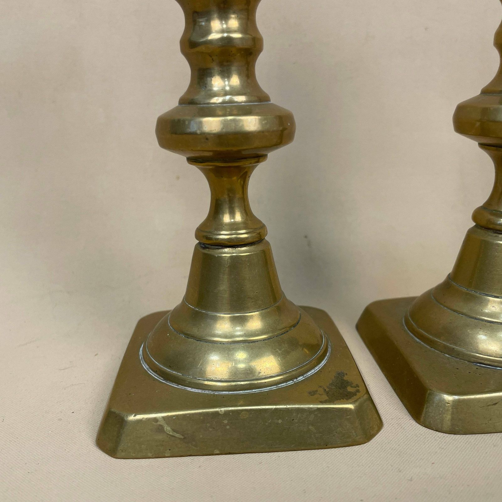 Antique Matching Pair Of Gold Brass Metal Candlestick Candle Stick Vintage Column Taper Dinner Candlesticks Square Base Column Pillar photo 55.0