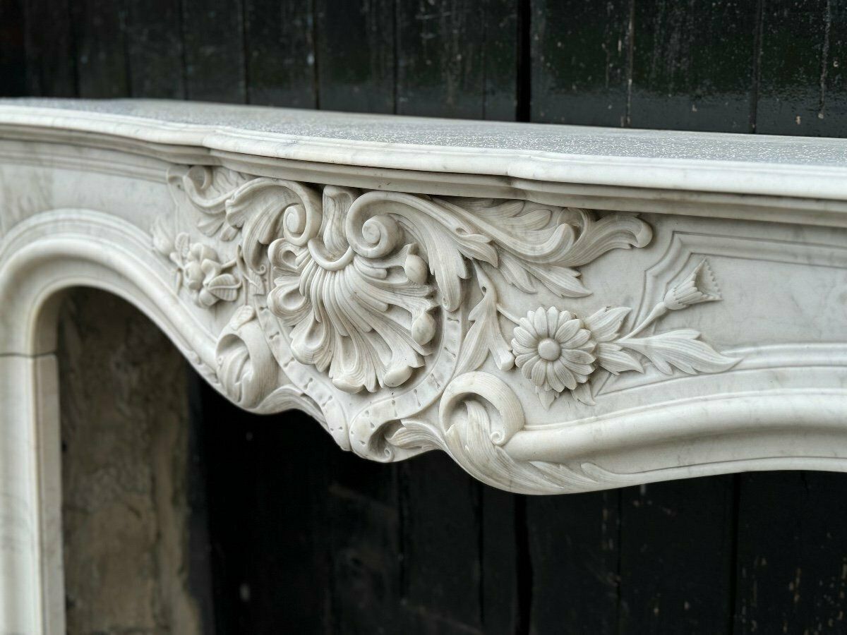 Remarkable Louis XV Style Fireplace In White Carrara Marble Circa 1880