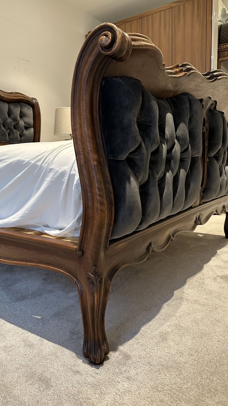 Antique French Bed Dark Wood With Charcoal Velvet photo for sale