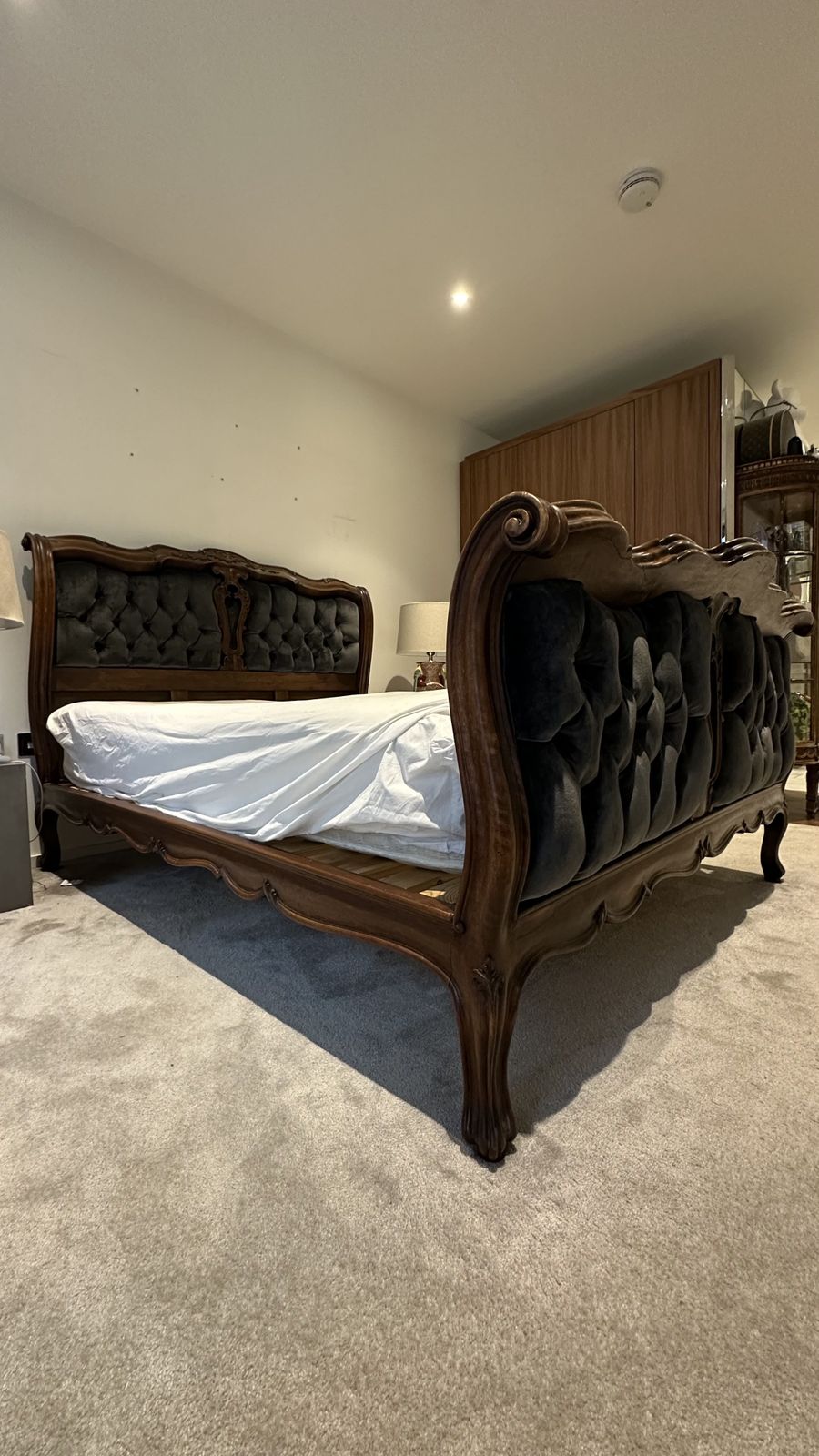 Antique French Bed Dark Wood With Charcoal Velvet photo Furniture