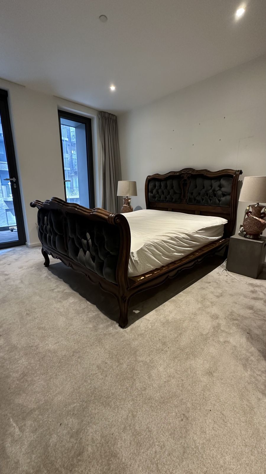 Antique French Bed Dark Wood With Charcoal Velvet