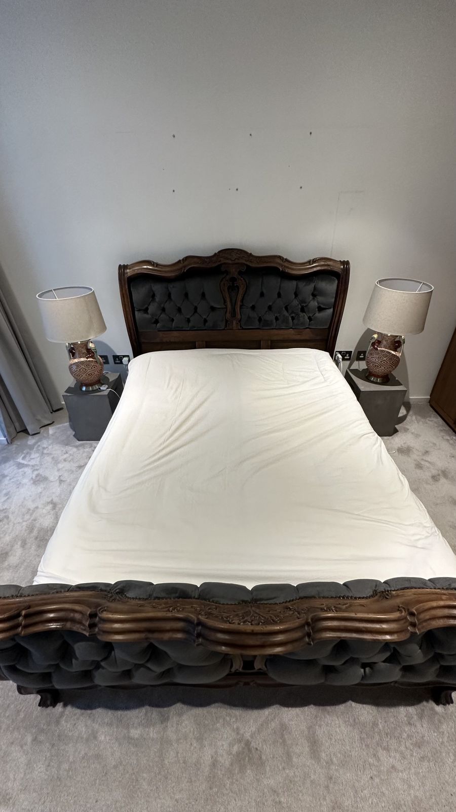 Antique French Bed Dark Wood With Charcoal Velvet photo buy