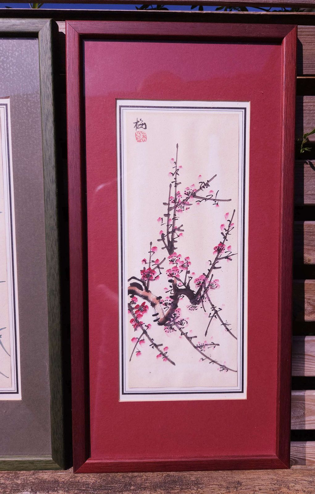Pair Of Pretty Japanese Watercolours, Pink Cherry Blossom & Green Bamboo photo Art