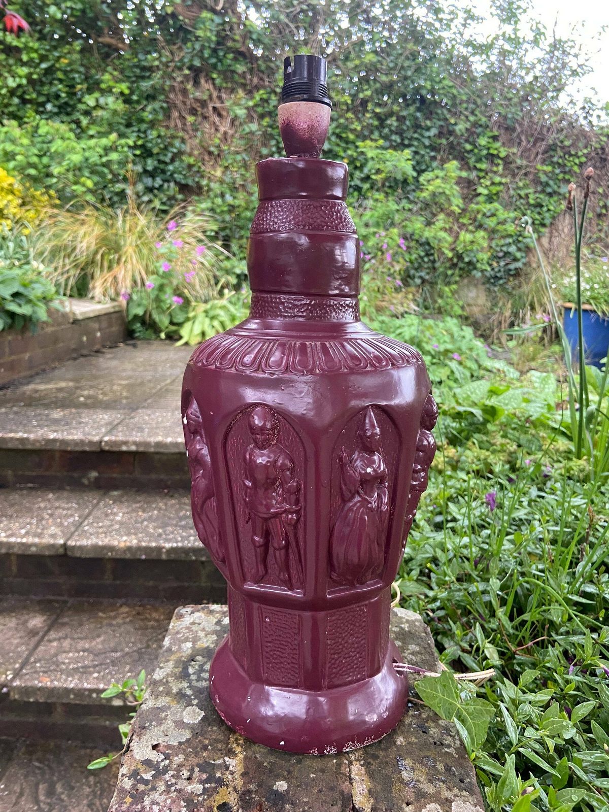 Quirky 1960s 70s Large Ceramic Lamp   Wine Red, Maroon, Bottle Shape, Knicks And Maidens Motif, Working Lamp, Retro Lamp, Upcycle photo furniture