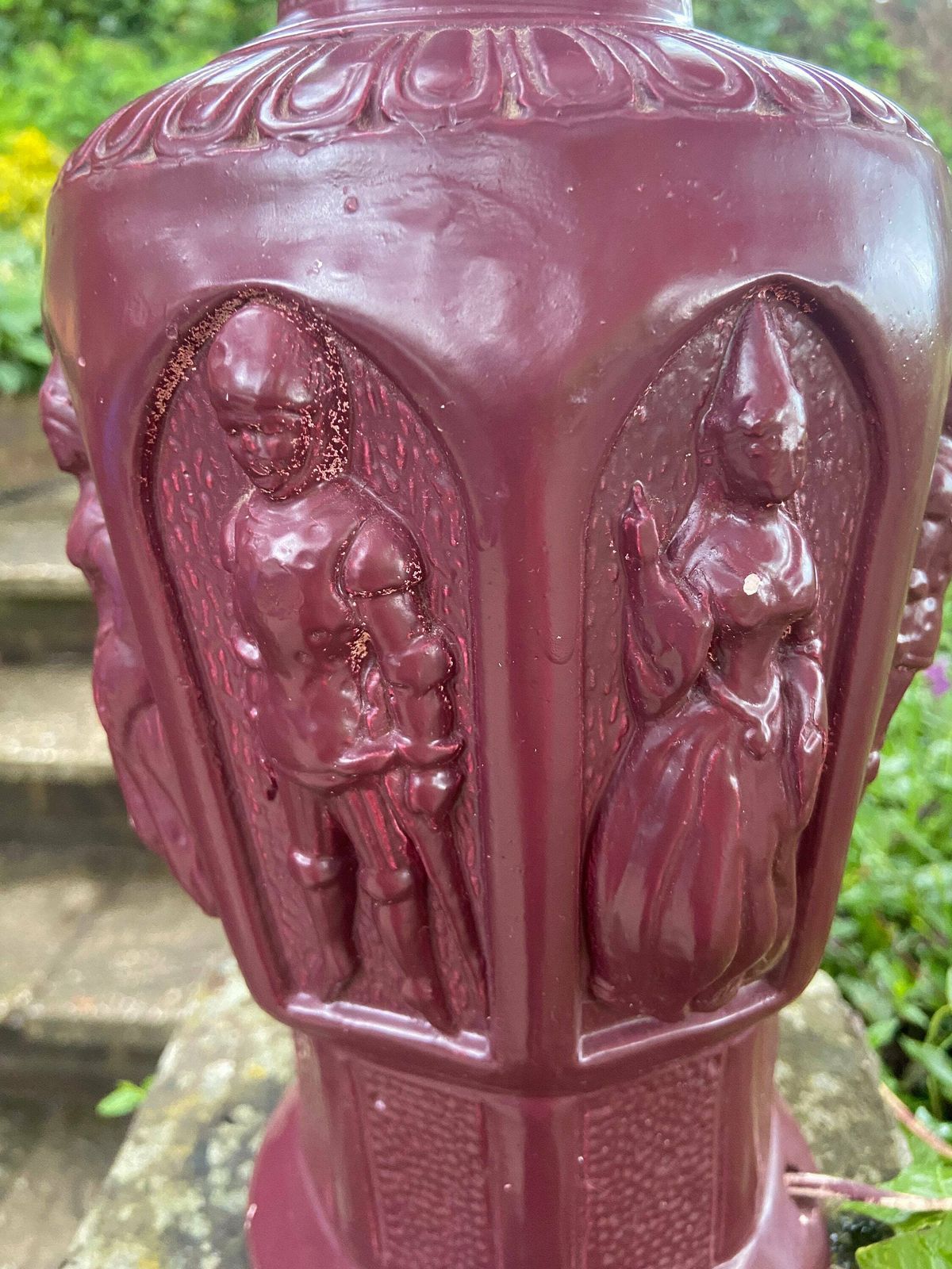 Quirky 1960s 70s Large Ceramic Lamp   Wine Red, Maroon, Bottle Shape, Knicks And Maidens Motif, Working Lamp, Retro Lamp, Upcycle photo for sale