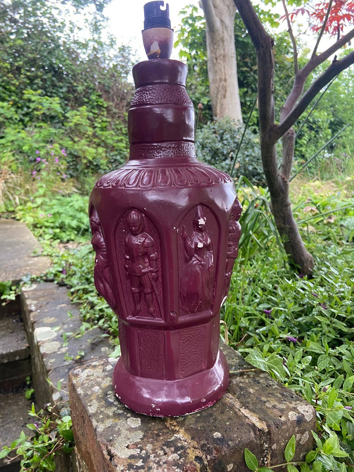 Quirky 1960s 70s Large Ceramic Lamp   Wine Red, Maroon, Bottle Shape, Knicks And Maidens Motif, Working Lamp, Retro Lamp, Upcycle photo Lighting