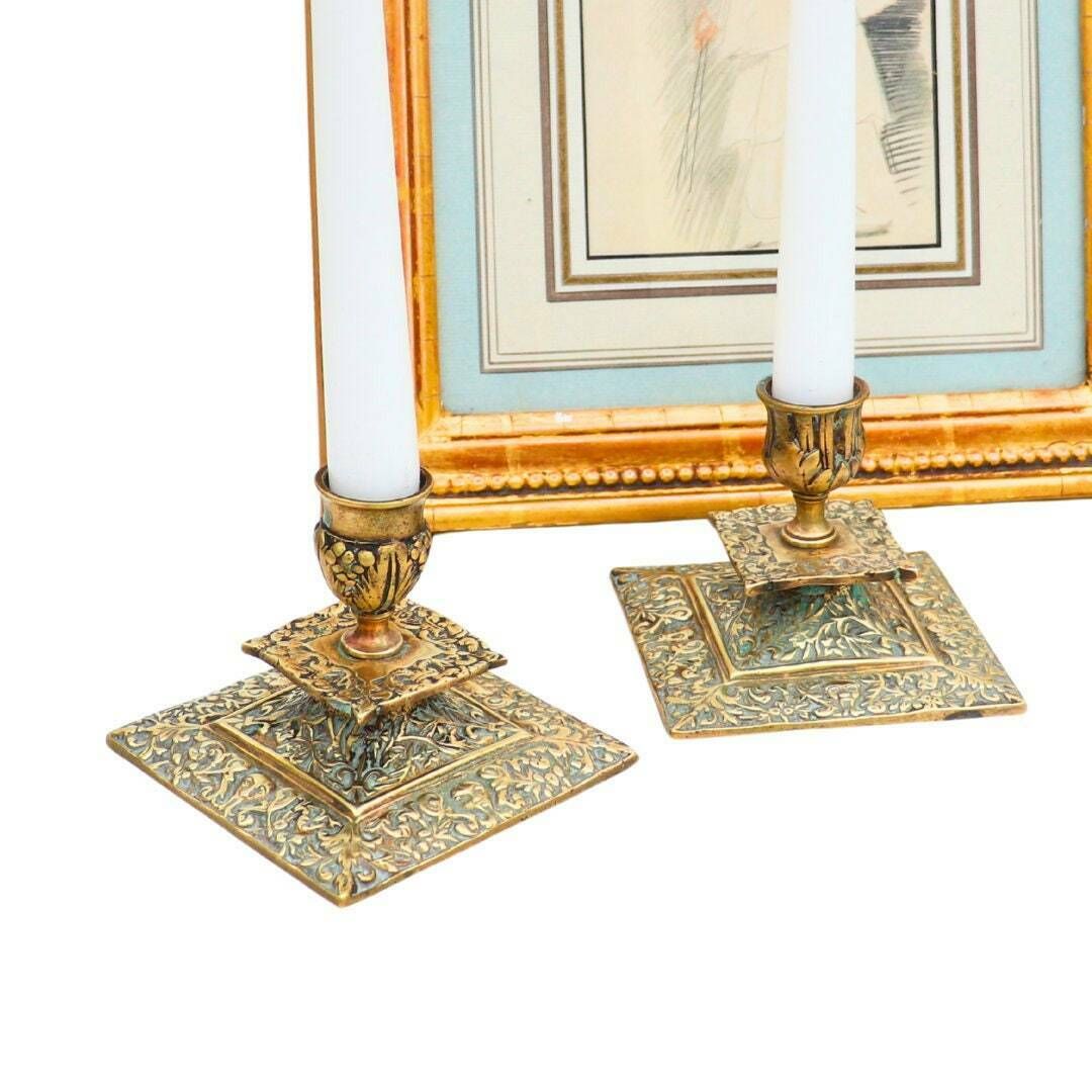 Antique Victorian Brass Candlesticks In The Gothic Revival Style, Ornate Brass Candle Holders, Truly Antique Candleholders photo for sale