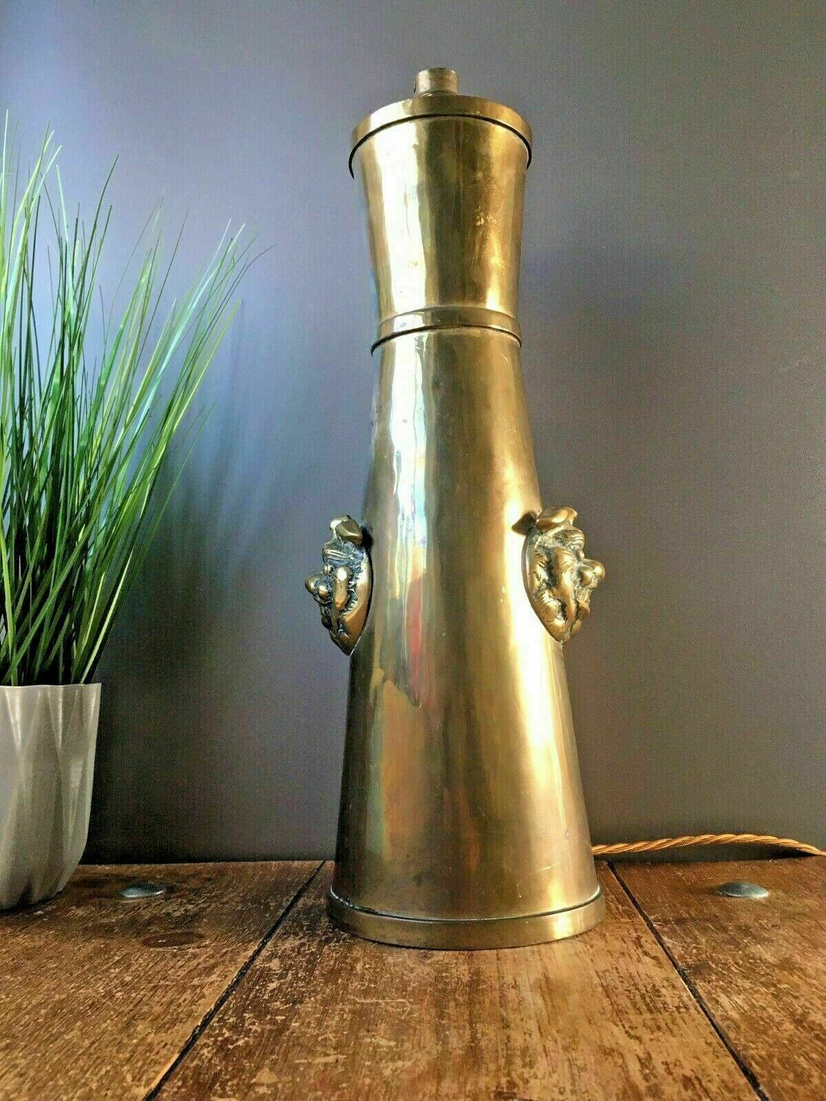 Large Unusual Brass Chinese Foo Dog Table Lamp Antique Vintage Trench Art Shell photo Lighting
