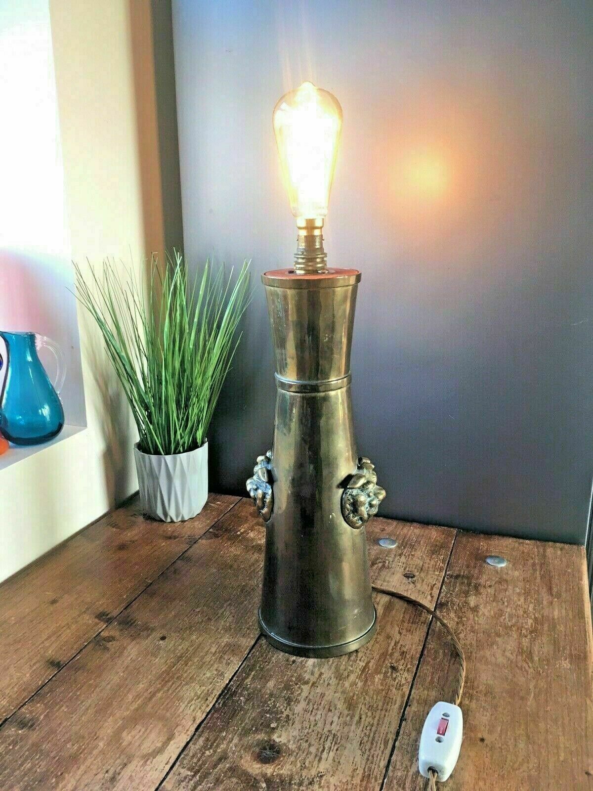 140.0 Large Unusual Brass Chinese Foo Dog Table Lamp Antique Vintage Trench Art Shell photo