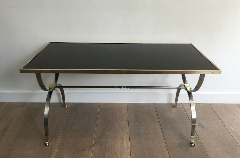 Maison Jansen. Rare Brushed Steel And Brass Neoclassical Style Coffee Table With Claw Feet And Black Lacquered Glass Top. French. Circa 19