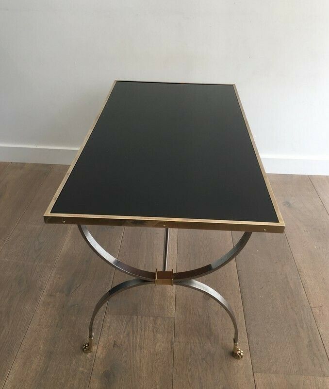 Maison Jansen. Rare Brushed Steel And Brass Neoclassical Style Coffee Table With Claw Feet And Black Lacquered Glass Top. French. Circa 19 photo for sale