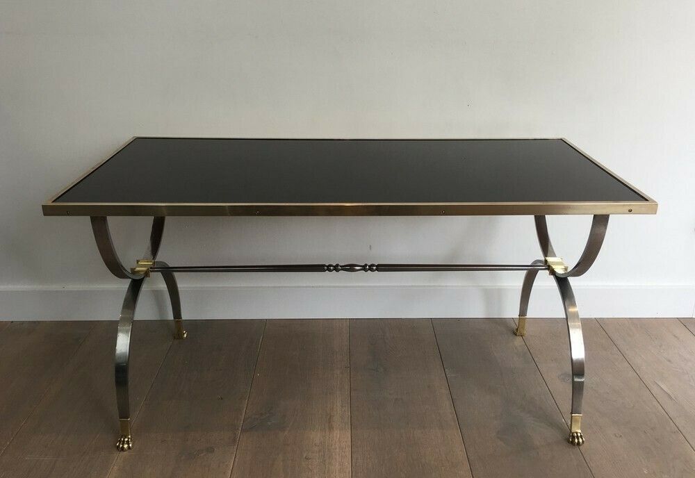 Maison Jansen. Rare Brushed Steel And Brass Neoclassical Style Coffee Table With Claw Feet And Black Lacquered Glass Top. French. Circa 19 photo buy