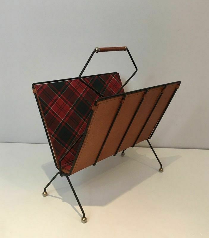 Magazine Rack In Black Lacquered Metal, Leather And Checkered Fabrics