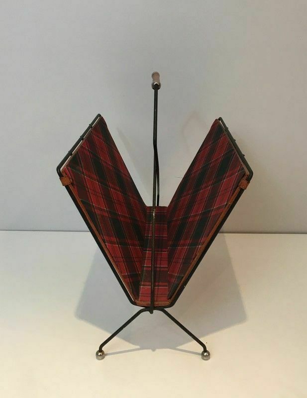 Magazine Rack In Black Lacquered Metal, Leather And Checkered Fabrics photo furniture