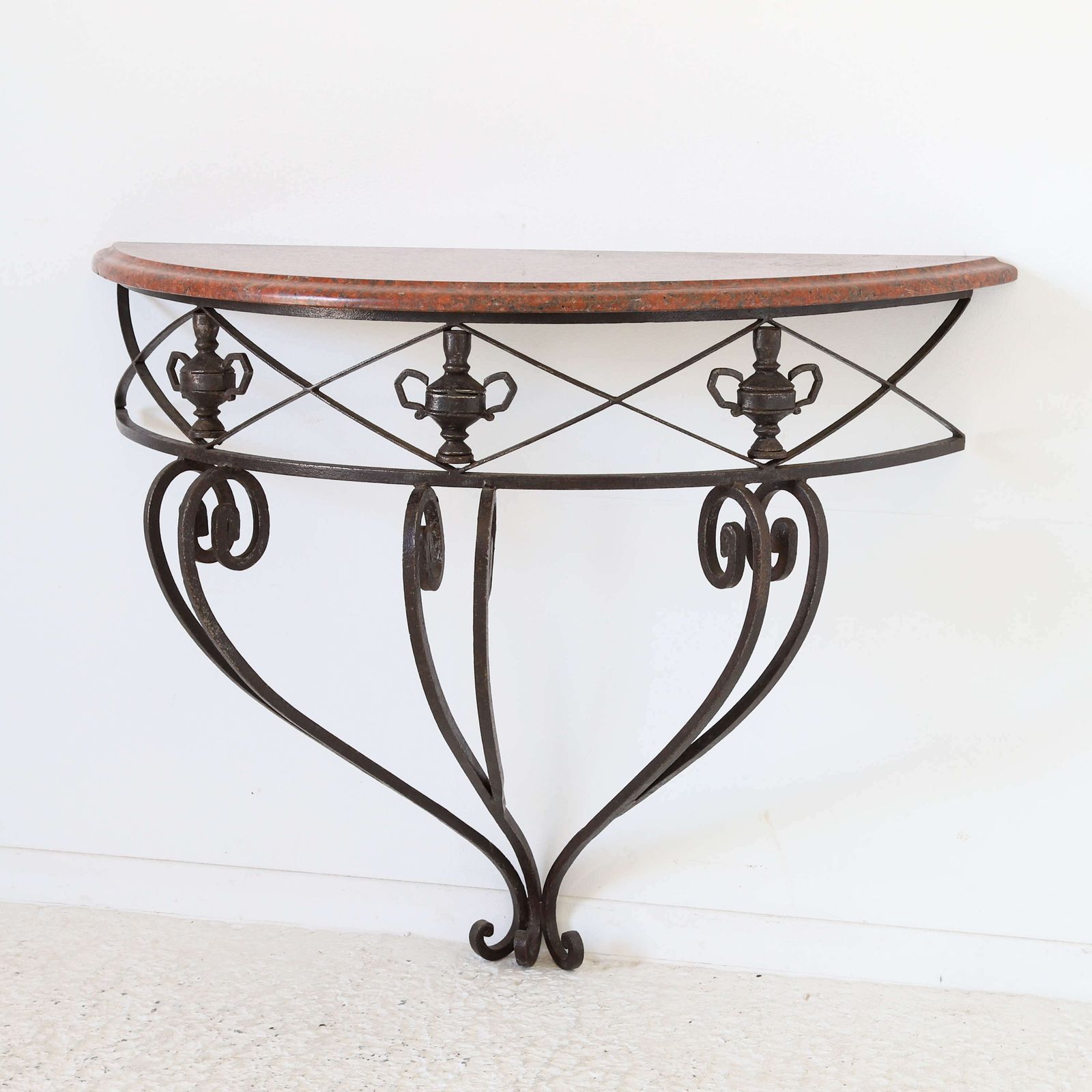 French Mid Century Wrought Iron Demi Lune Console Granite Top photo furniture