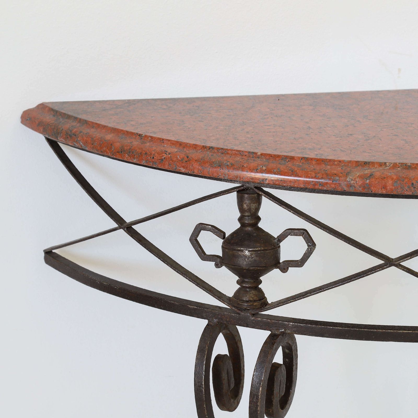 French Mid Century Wrought Iron Demi Lune Console Granite Top photo vinterior