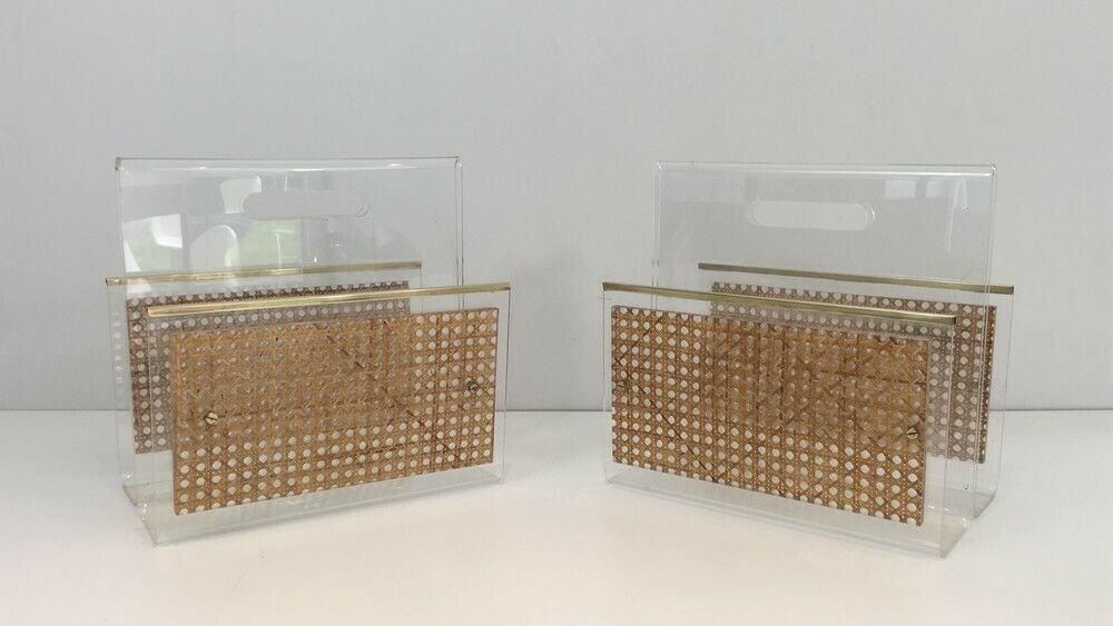 In The Style Of Christian Dior And Gabriella Crespi. Pair Of Lucite, Brass And Encrusted Cane Magazine Racks. French. Circa 1970 photo furniture