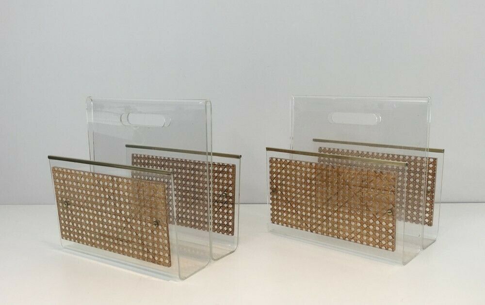 In The Style Of Christian Dior And Gabriella Crespi. Pair Of Lucite, Brass And Encrusted Cane Magazine Racks. French. Circa 1970 photo Home Decor