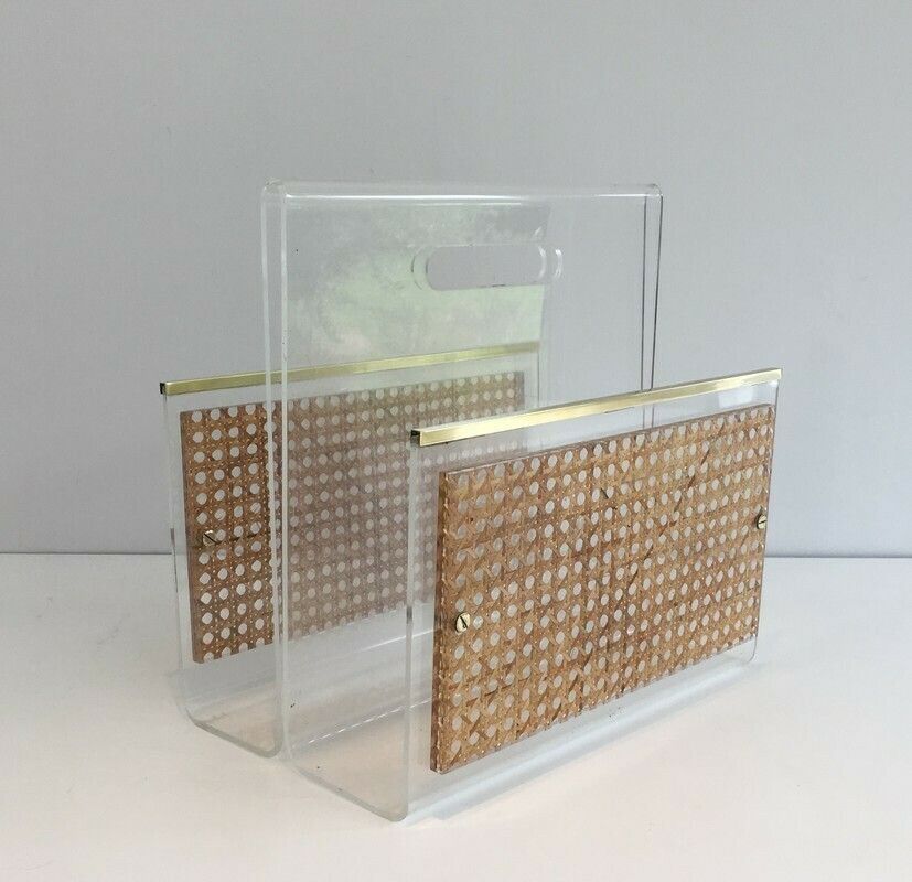 In The Style Of Christian Dior And Gabriella Crespi. Pair Of Lucite, Brass And Encrusted Cane Magazine Racks. French. Circa 1970 photo vinterior