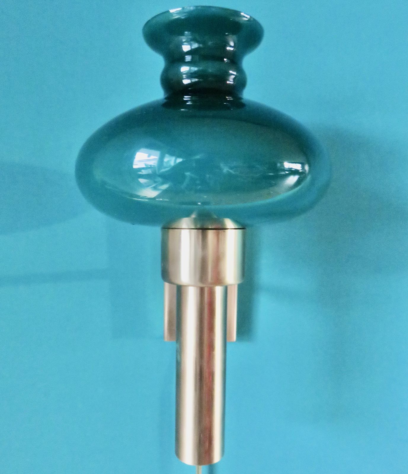 Brushed Brass Wall Lamp With “Vitrika” Green Glass Shade. Denmark 1980