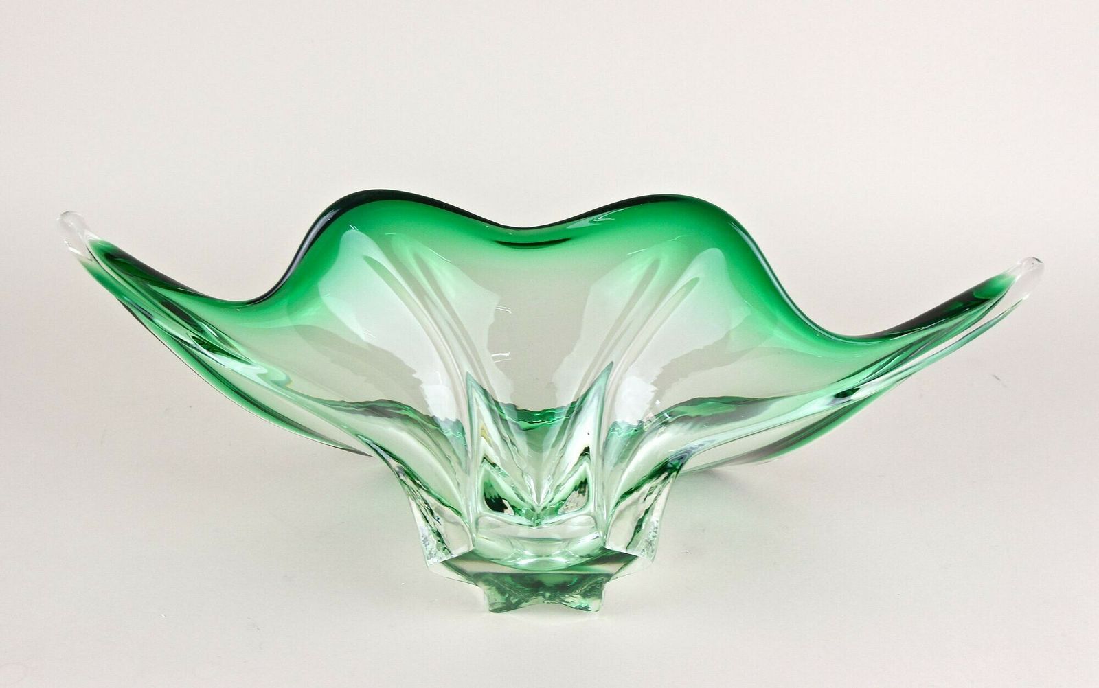 635.0 Mid Century Modern Murano Glass Bowl, Green/ Clear Tones   Italy Ca. 1960 photo