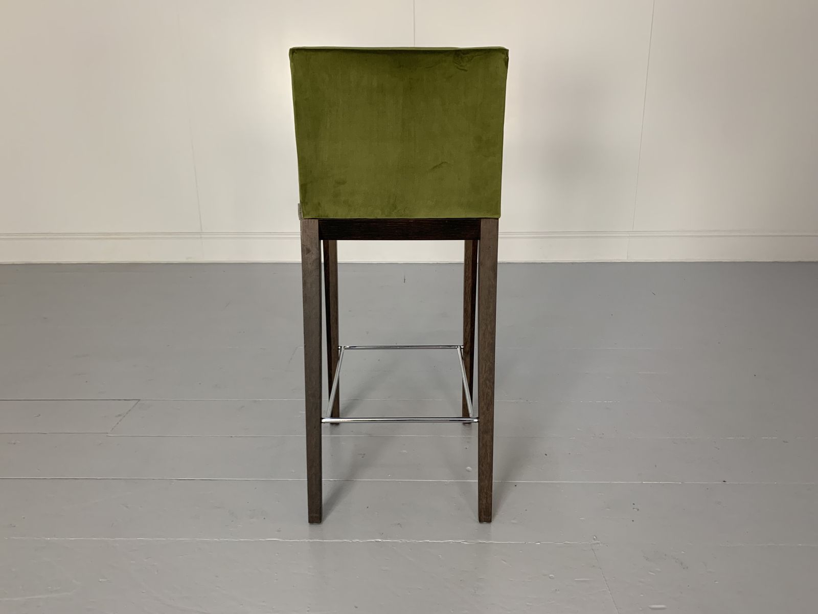 Pair Of Walter Knoll “Andoo” Bar Stools – In Green Velvet & Walnut photo vinterior
