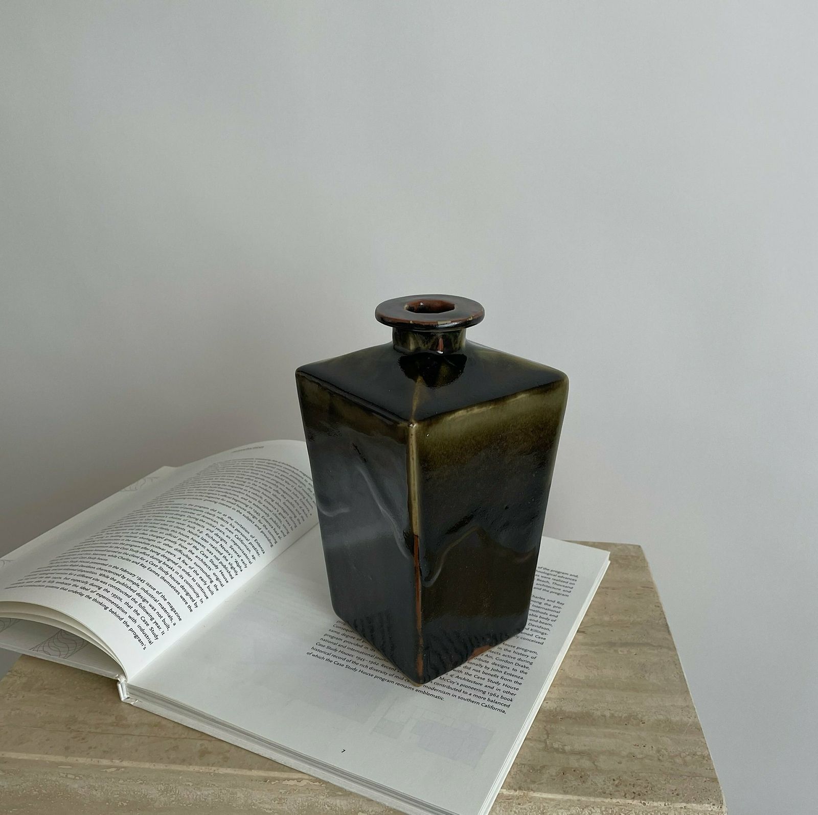Mid Century Japanese Tall Vase With Green Drip Glaze photo for sale