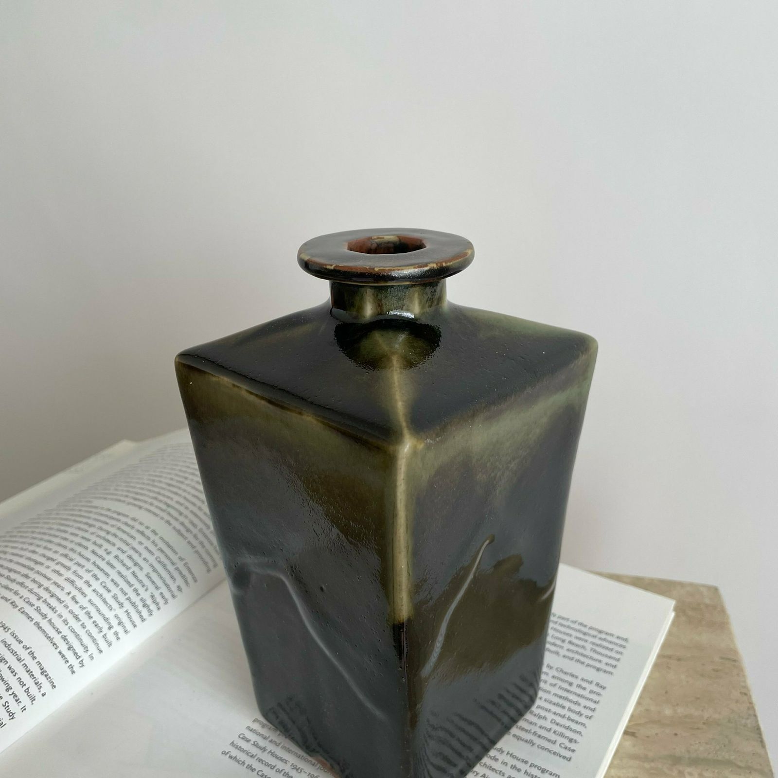 Mid Century Japanese Tall Vase With Green Drip Glaze photo 95.0