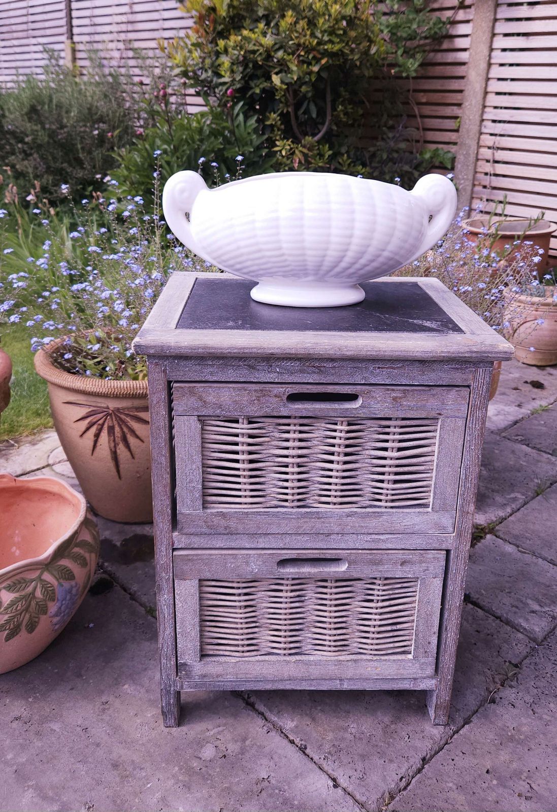 Small, Grey Wicker Bedside Or Occasional Table With Drawers & Slate Top