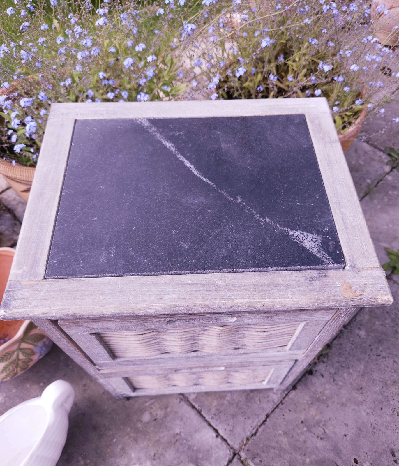 Small, Grey Wicker Bedside Or Occasional Table With Drawers & Slate Top photo 75.0