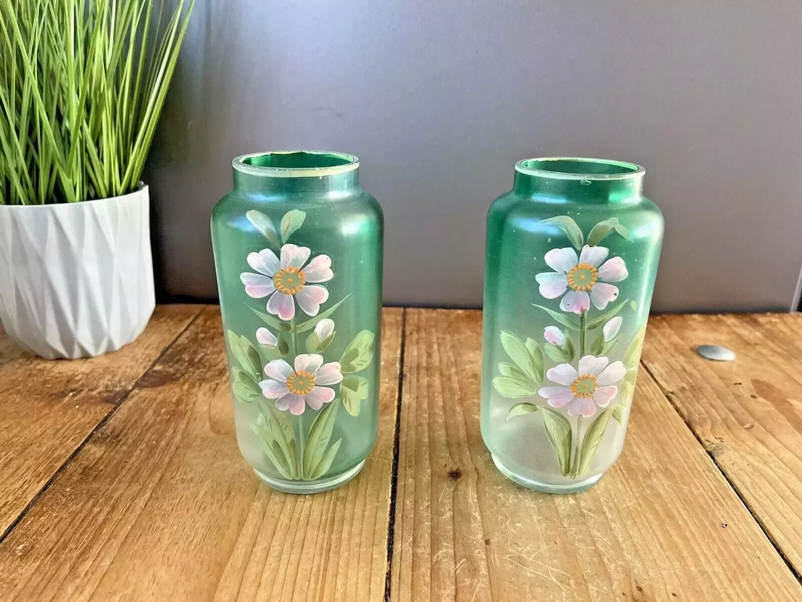 Pair Of Art Nouveau Bohemian Green Enamel Painted Floral Vases Carl Goldberg photo Home Decor