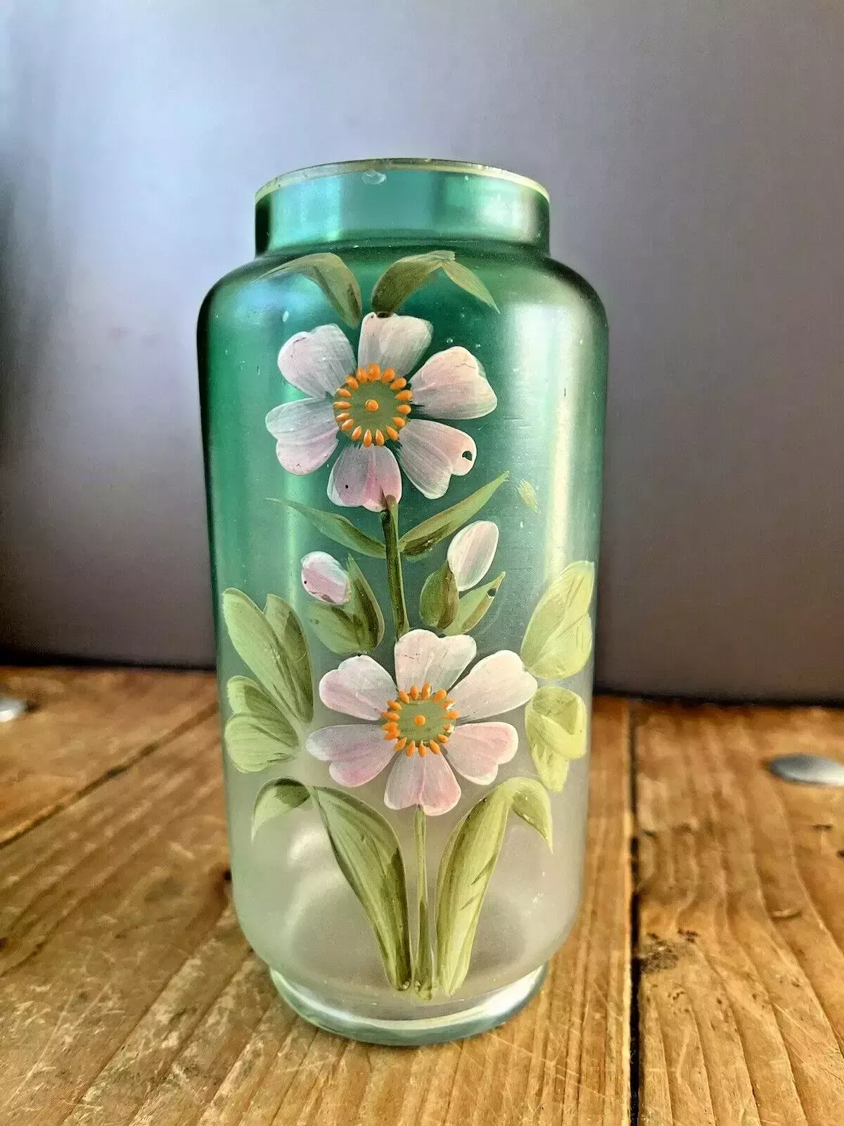 photo for sale Pair Of Art Nouveau Bohemian Green Enamel Painted Floral Vases Carl Goldberg