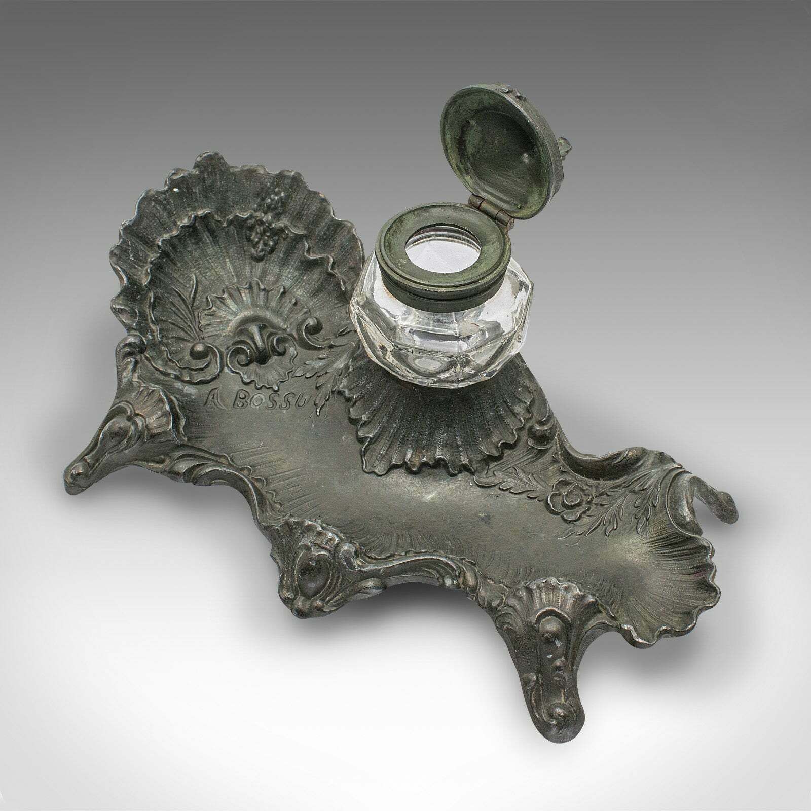 Antique Art Nouveau Ink Well, French, Pewter, Decorative Pen Tray, Victorian photo buy