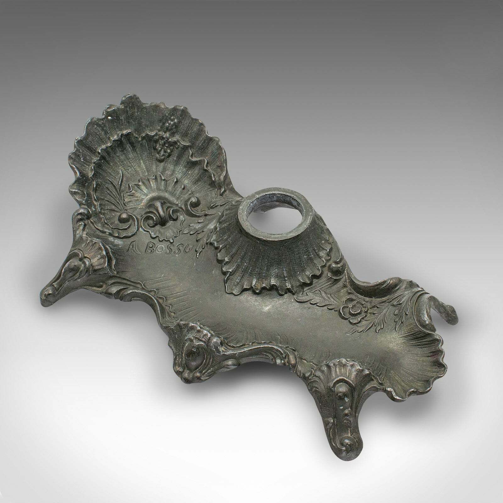 Antique Art Nouveau Ink Well, French, Pewter, Decorative Pen Tray, Victorian photo vintage