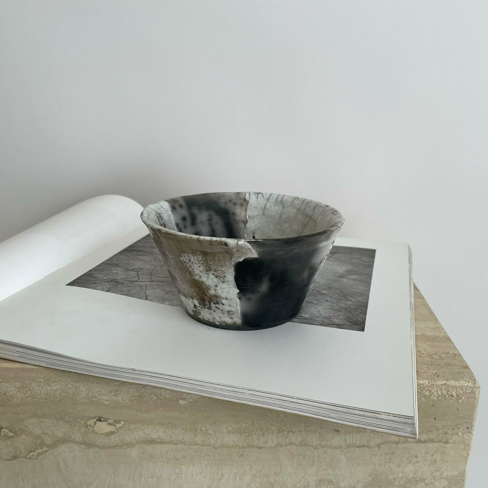 Monochrome Textured Studio Pottery Bowl With Metallic Details photo vintage
