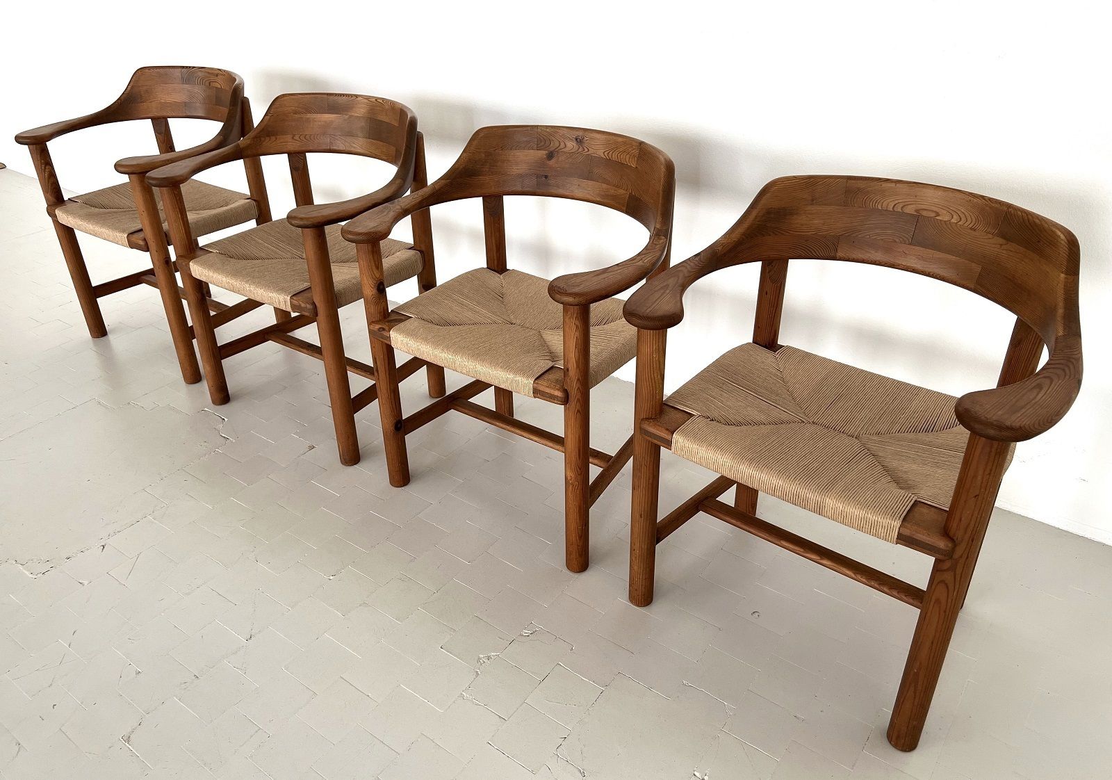 photo for sale Rainer Daumiller Dining Chairs In Pine And New Paper Cord, 1970s