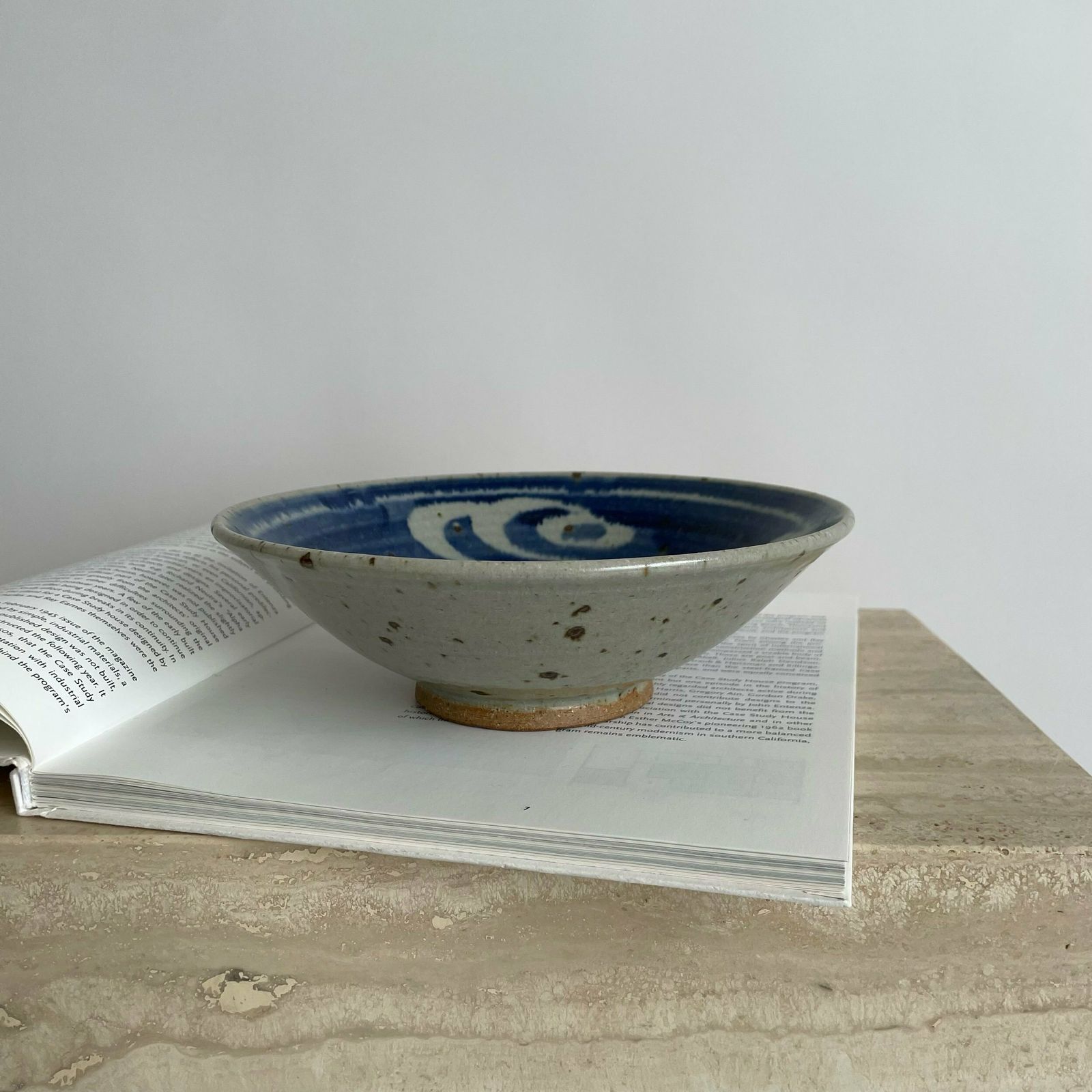 Mid Century Blue And White Design Stoneware Bowl By Brian Newman Of Aller Pottery photo for sale