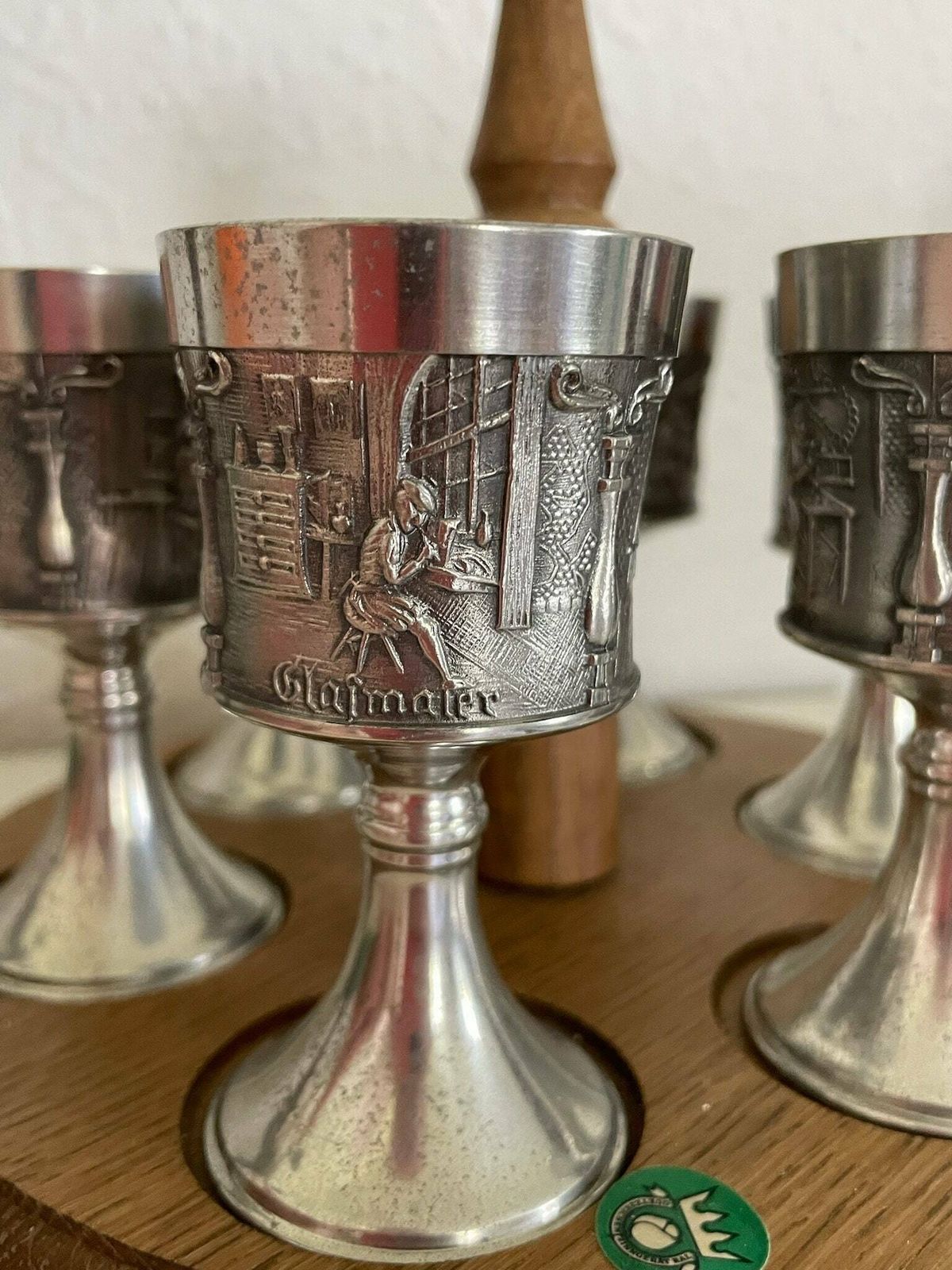 Set Of Six German Tin Pewter Cups Or Goblets On A Wooden Holder By Grenningloh photo Home Decor