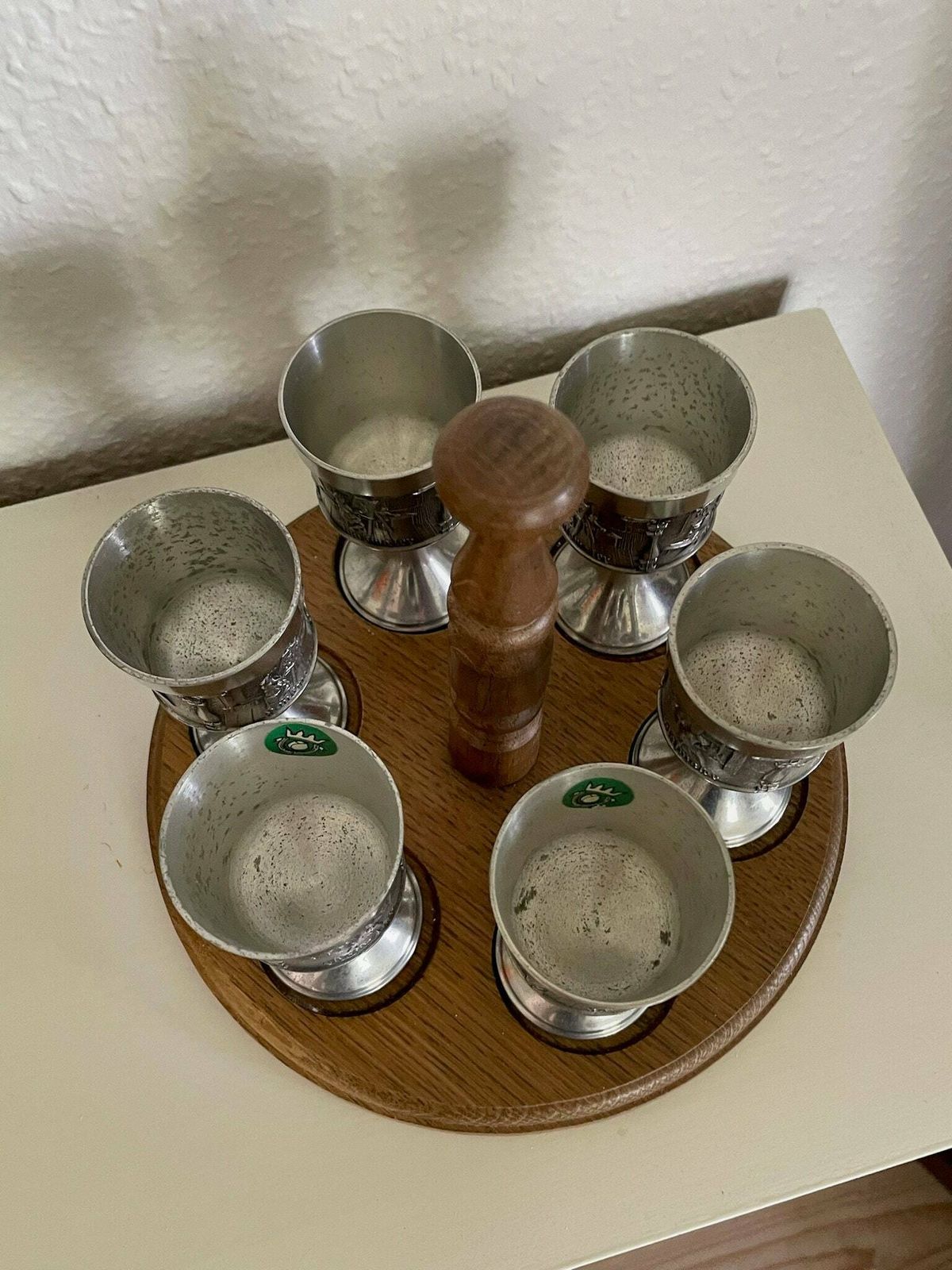 Set Of Six German Tin Pewter Cups Or Goblets On A Wooden Holder By Grenningloh photo vinterior