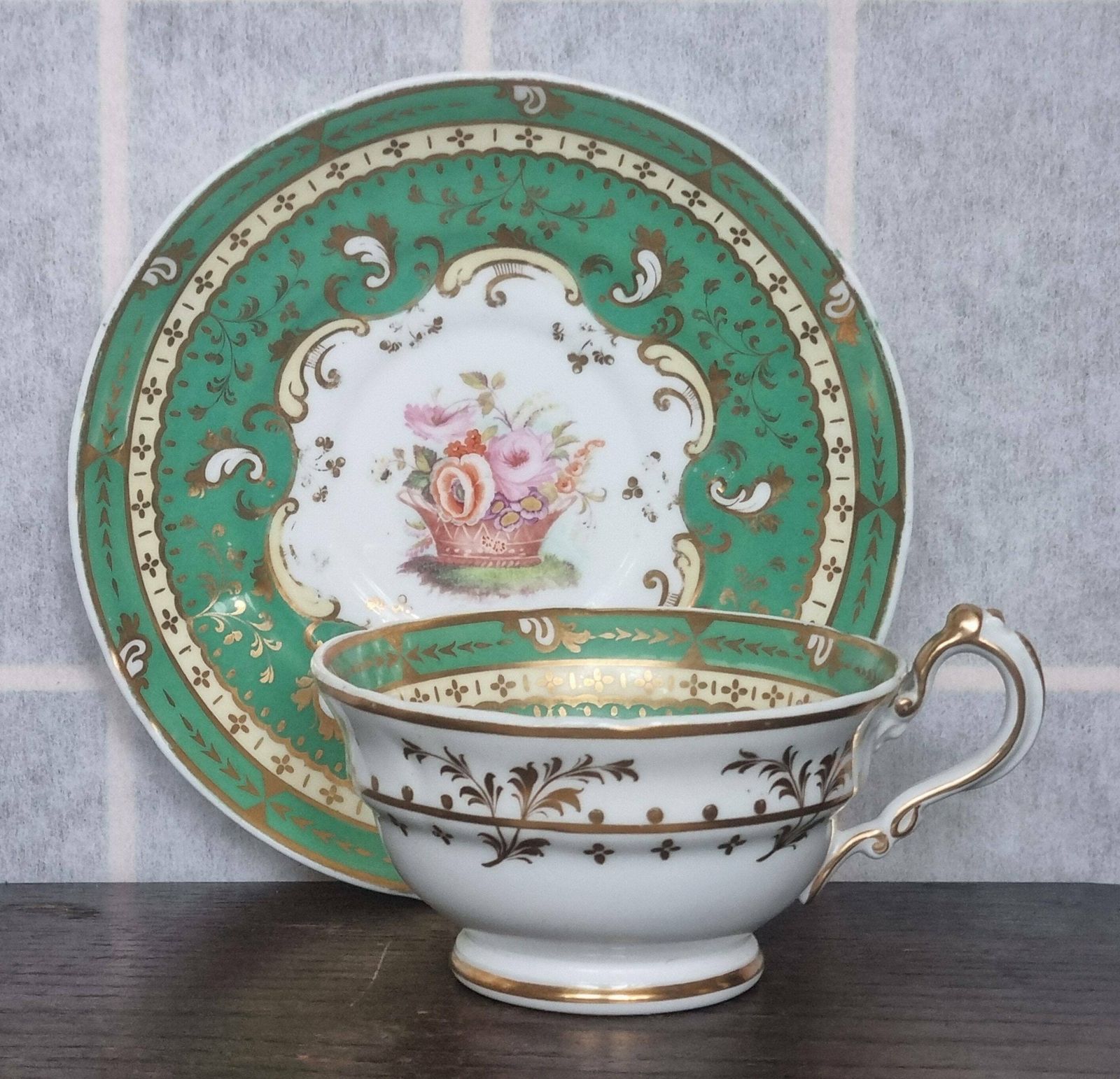 Antique Tea Cup Saucer Green Floral Basket English Bone China