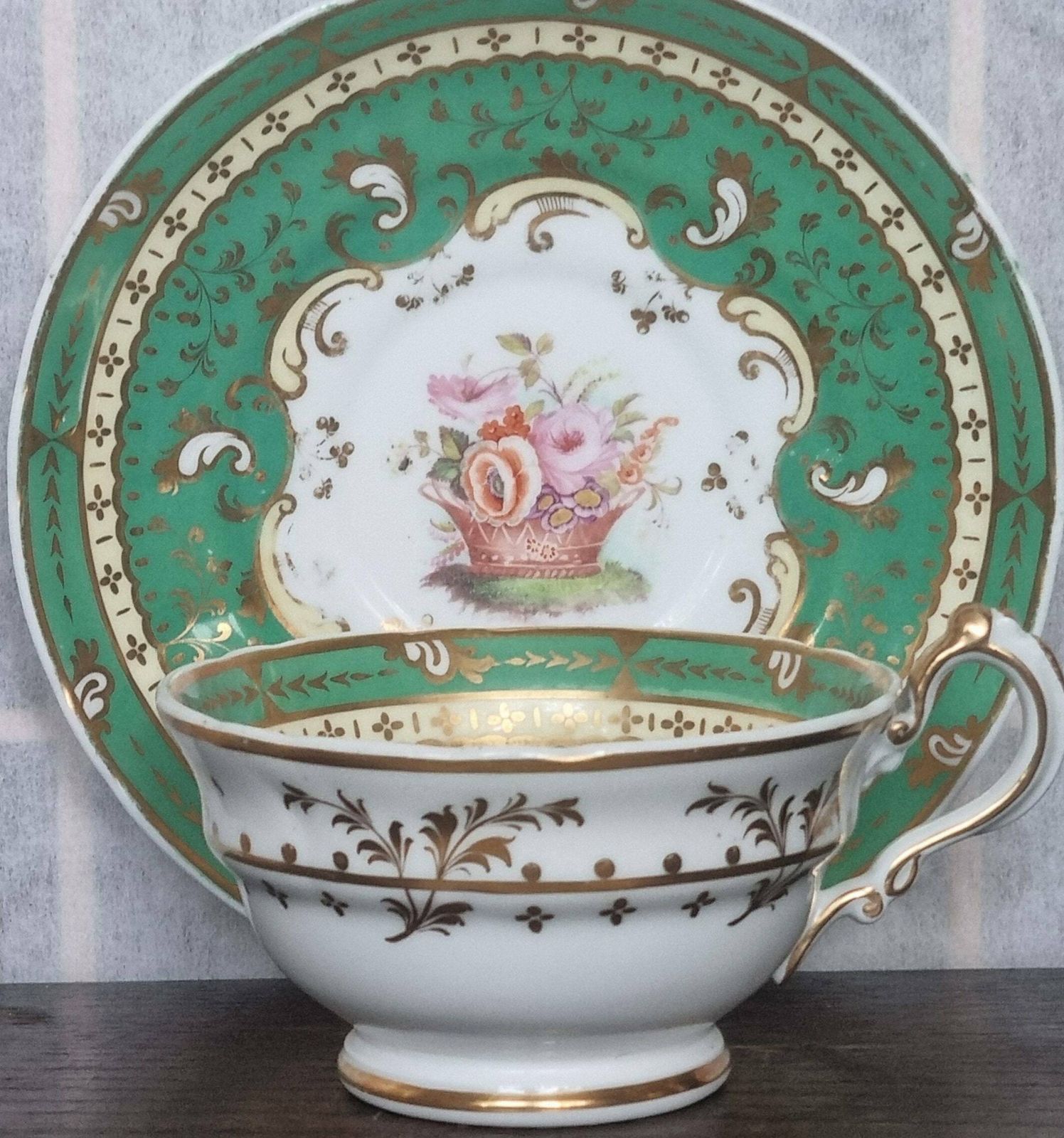 Antique Tea Cup Saucer Green Floral Basket English Bone China photo furniture