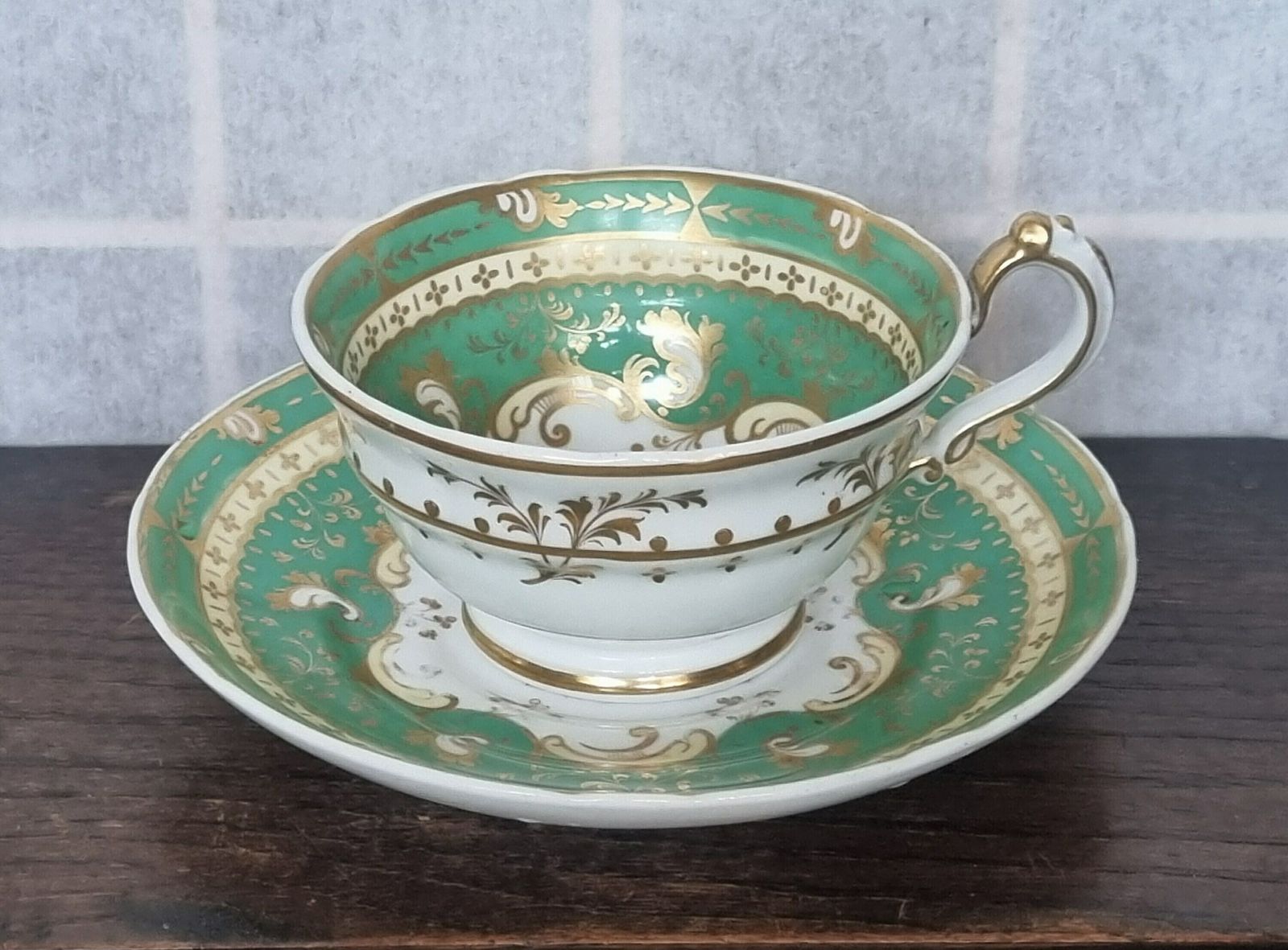 Antique Tea Cup Saucer Green Floral Basket English Bone China photo vintage