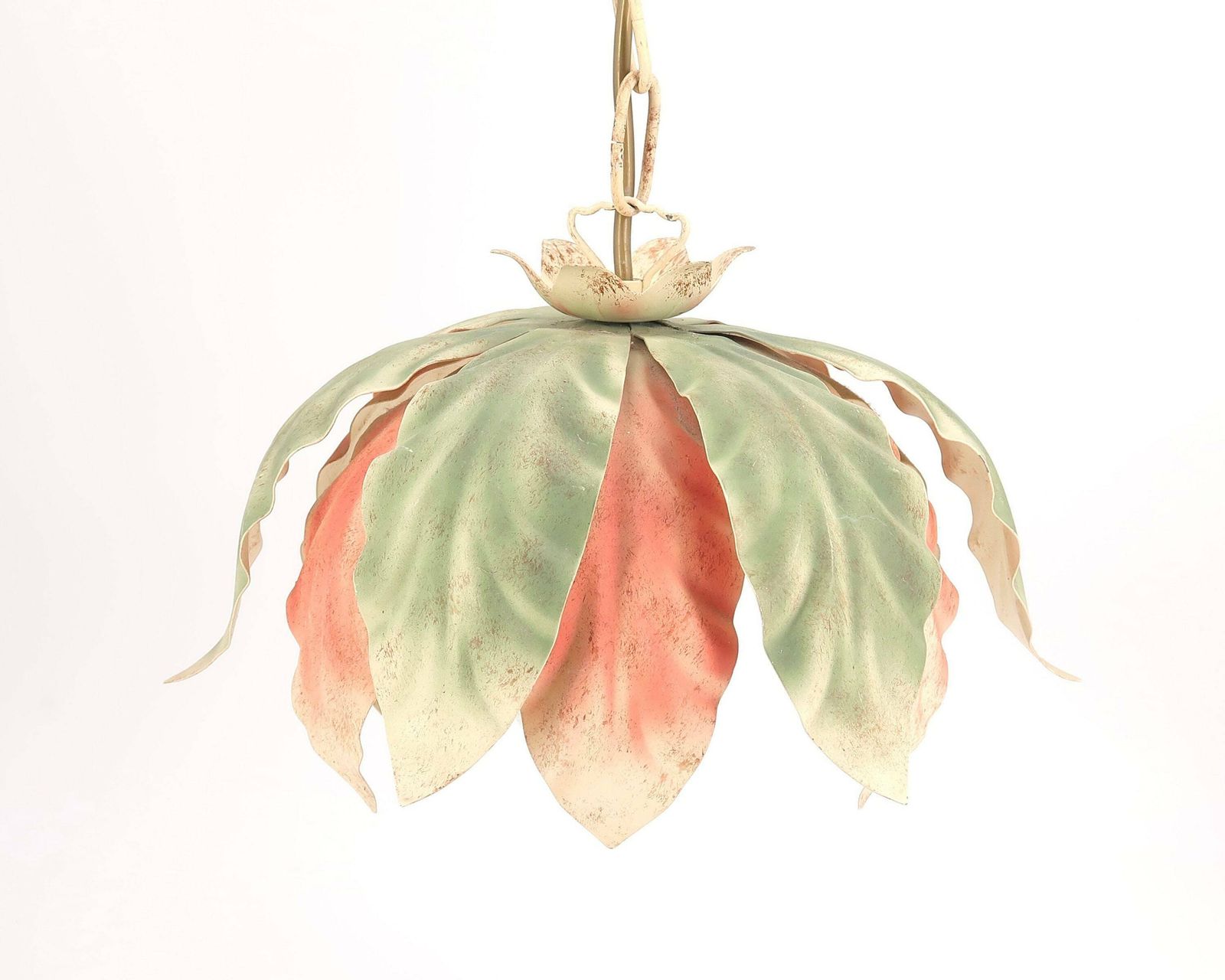Plafondlamp: Lichtgroen, Roze En Beige Bloemen En Bladeren, Jaren 1980 / Hanglamp, Verlichting, Bloemmotief, Boho Chic, Folk photo for sale