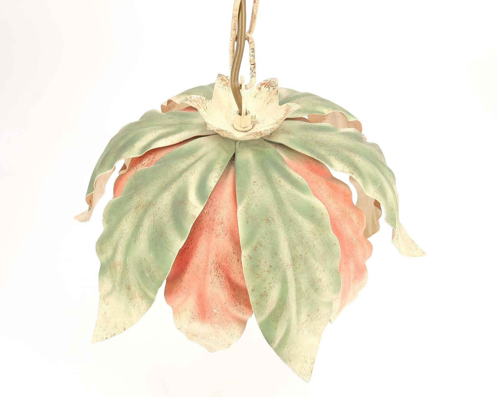 Plafondlamp: Lichtgroen, Roze En Beige Bloemen En Bladeren, Jaren 1980 / Hanglamp, Verlichting, Bloemmotief, Boho Chic, Folk photo Verlichting