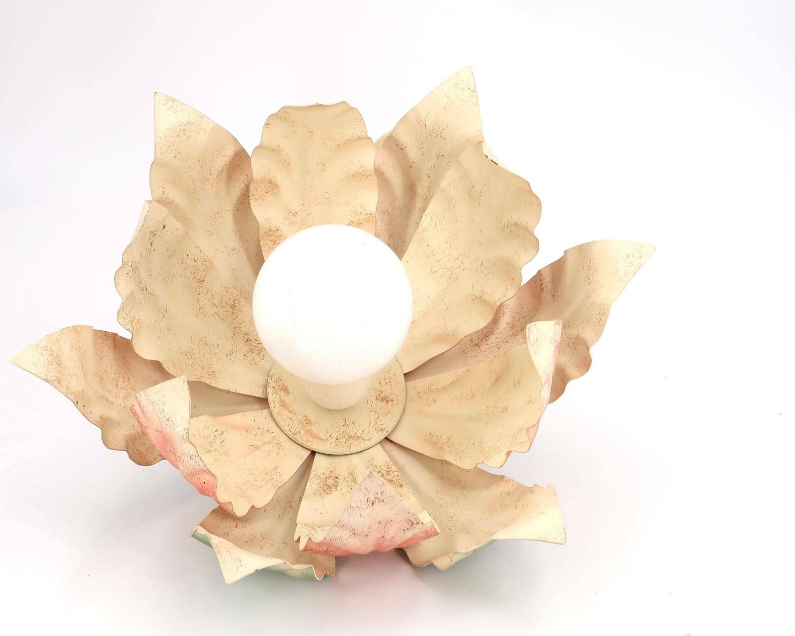 Plafondlamp: Lichtgroen, Roze En Beige Bloemen En Bladeren, Jaren 1980 / Hanglamp, Verlichting, Bloemmotief, Boho Chic, Folk photo vinterior