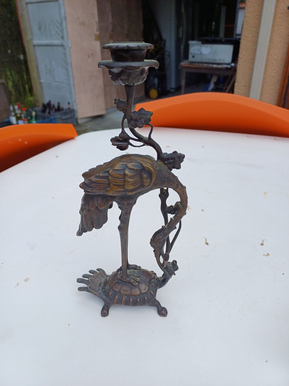 Pair Of Bronze Candlesticks 19th Cranes And Turtles photo vinterior