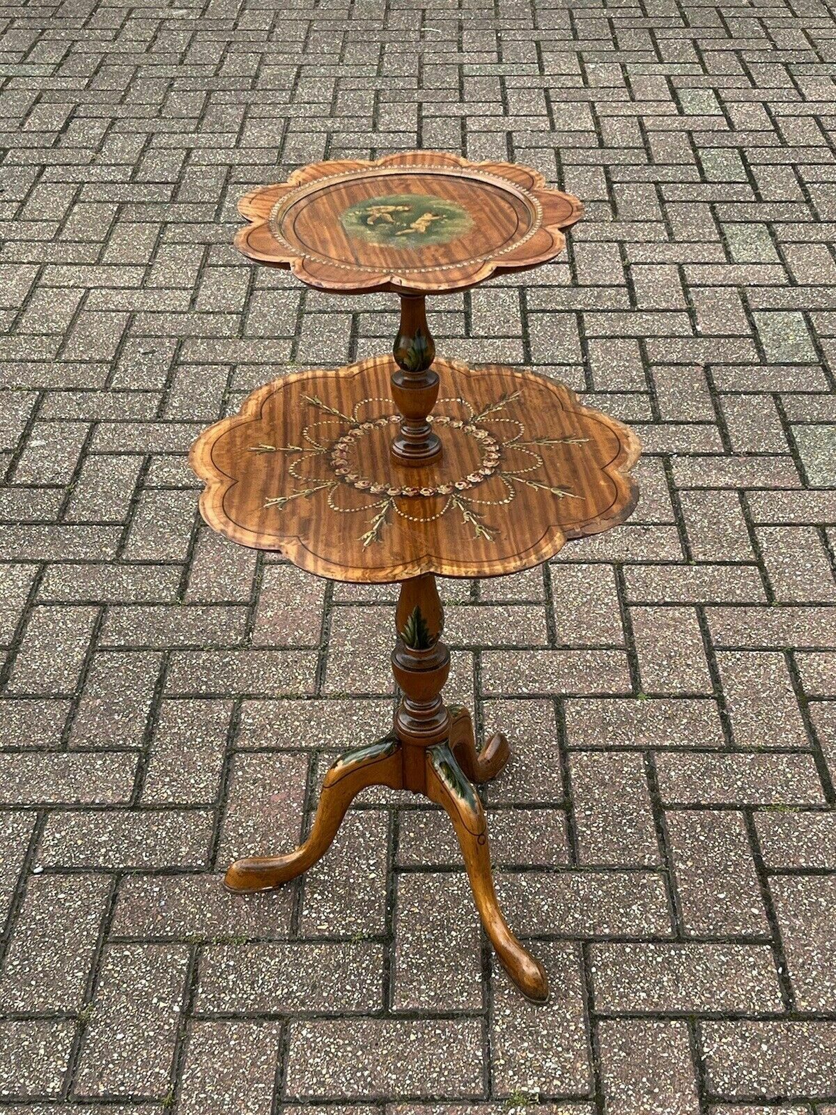 photo furniture Edwardian Satin Walnut Painted Tea Table, Decorated With Cherubs And Foliage