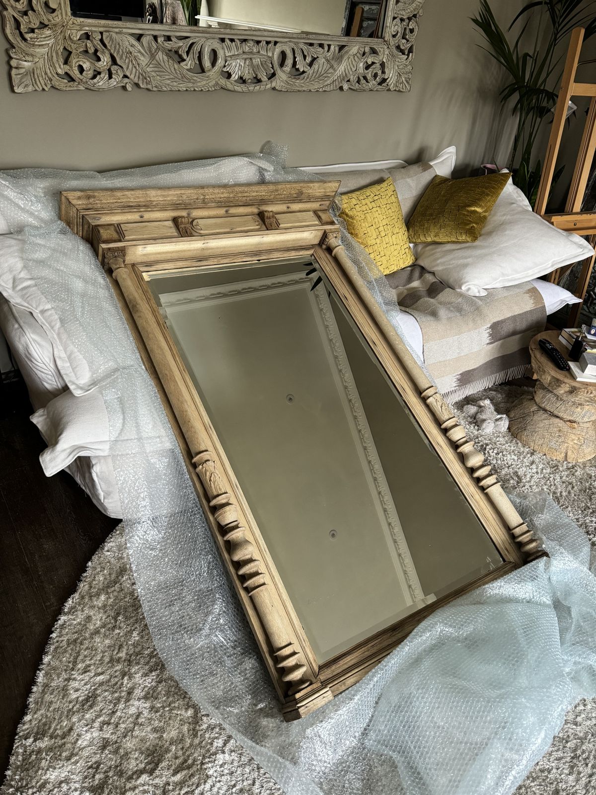 Antique Bleached Oak Mirror W/ Original Bevelled Glass. 1890s. photo vinterior